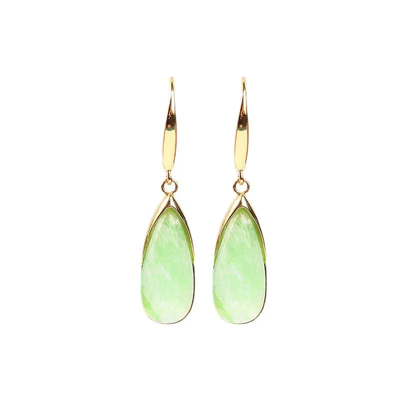 Chinese style geometric earrings in jade colour with water droplet design on copper base with electroplated finish
