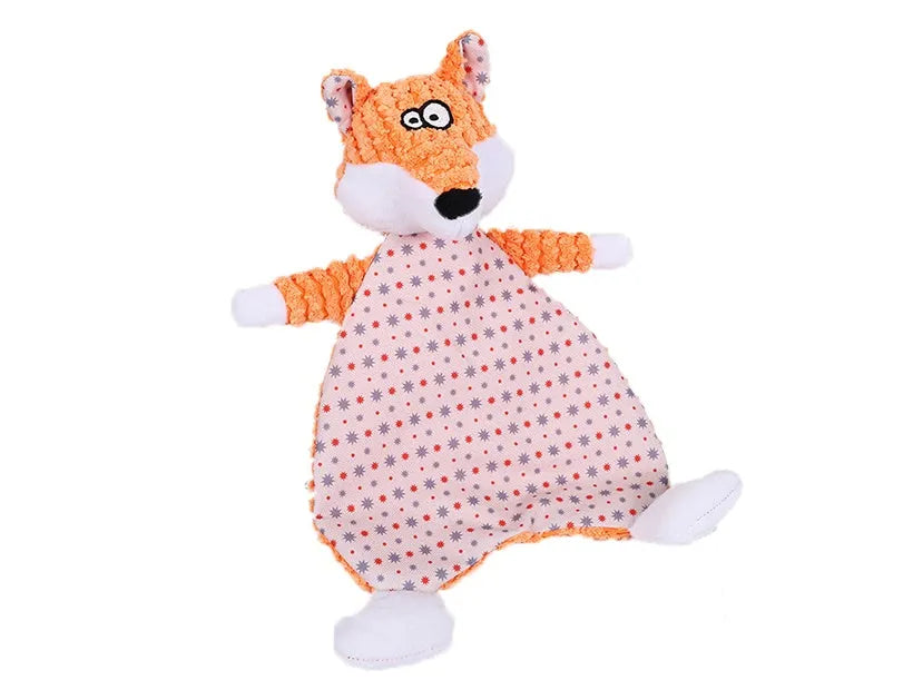 Brown, gray and orange plush pet toys in fox and elephant shapes with velvet texture