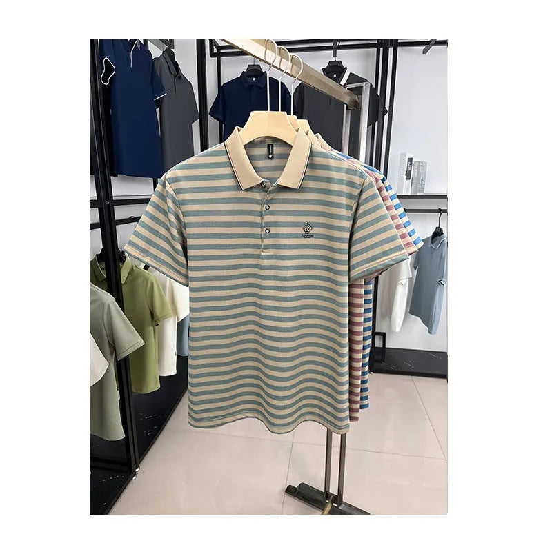 Men's striped casual polo shirt with mosaic pattern in lightweight polyester fabric