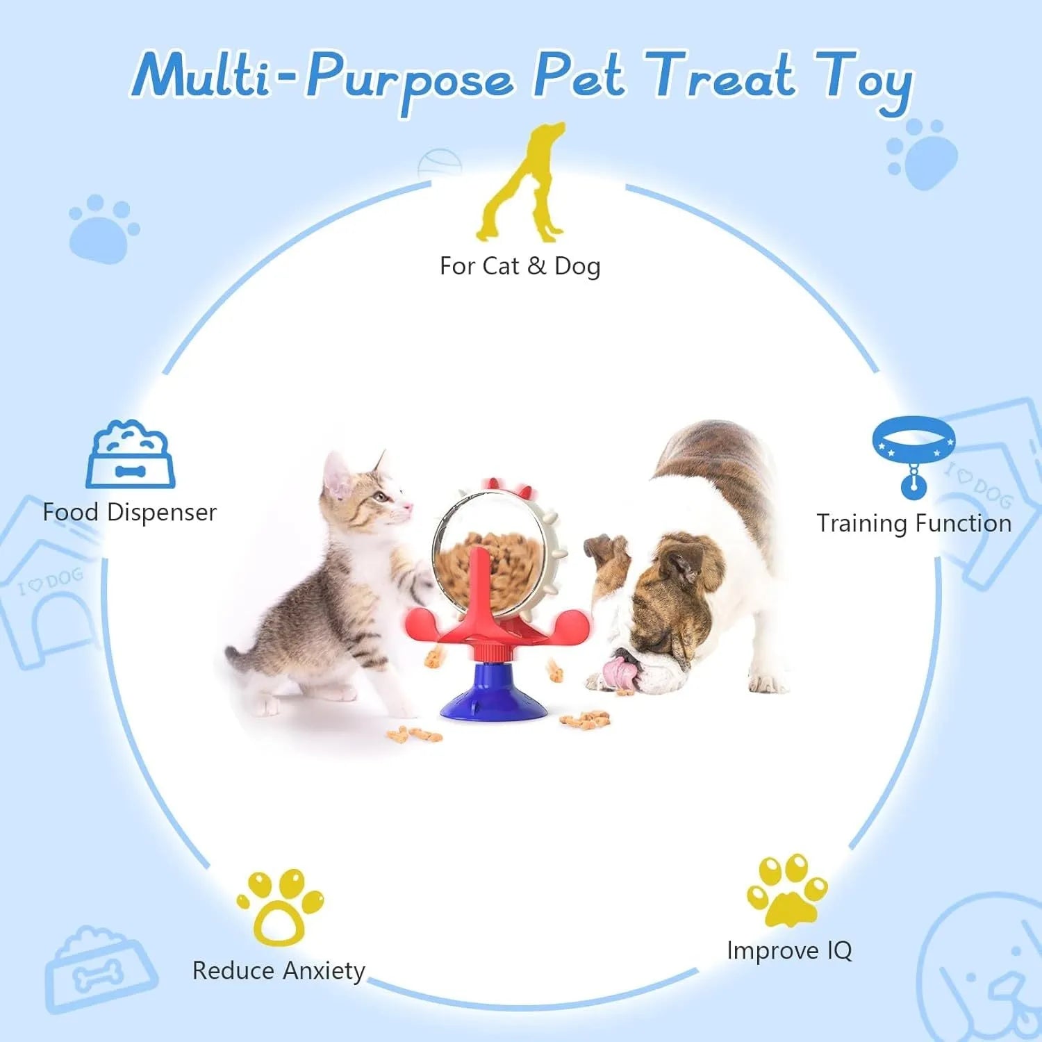 Interactive pet puzzle feeder toy with rotating spinner in blue, green, red or yellow colours