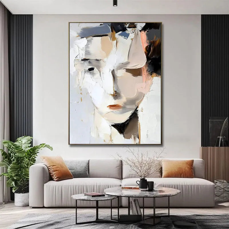 Hand-painted abstract woman portrait oil painting on canvas, modern black and white, vertical orientation