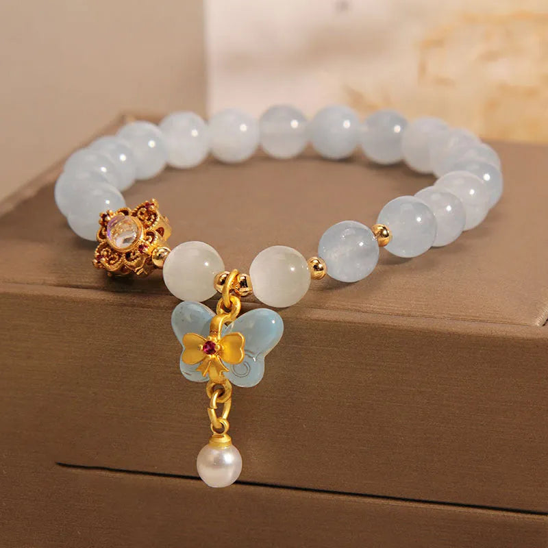 Women's aquamarine butterfly pendant bracelet with crystal rhinestones