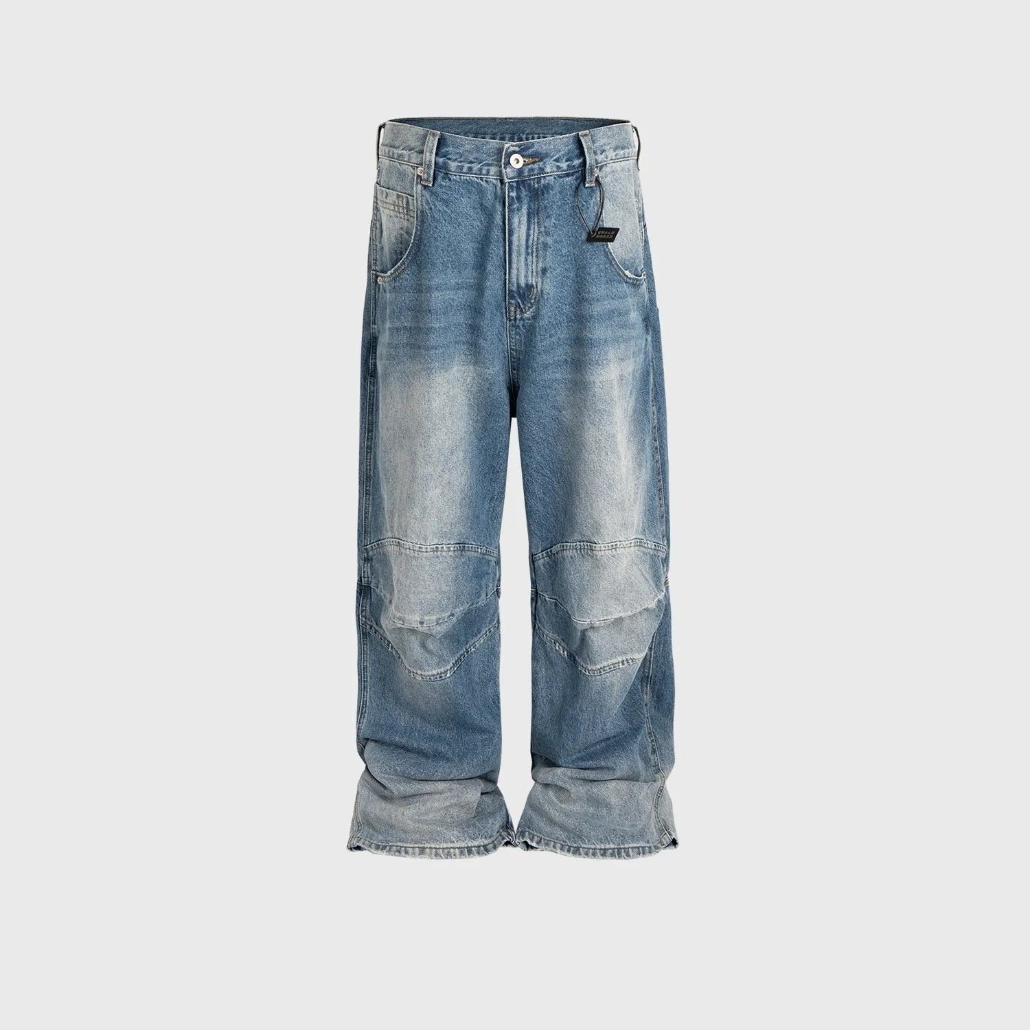 Baggy washed blue straight-leg jeans with zip fly on mannequin