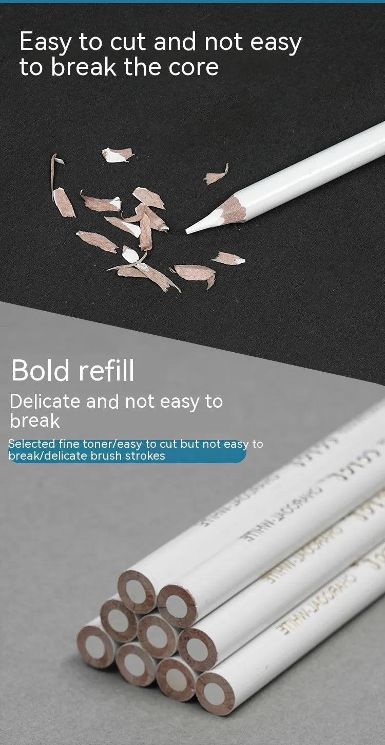 Set of three white charcoal drawing pencils with wooden casings.