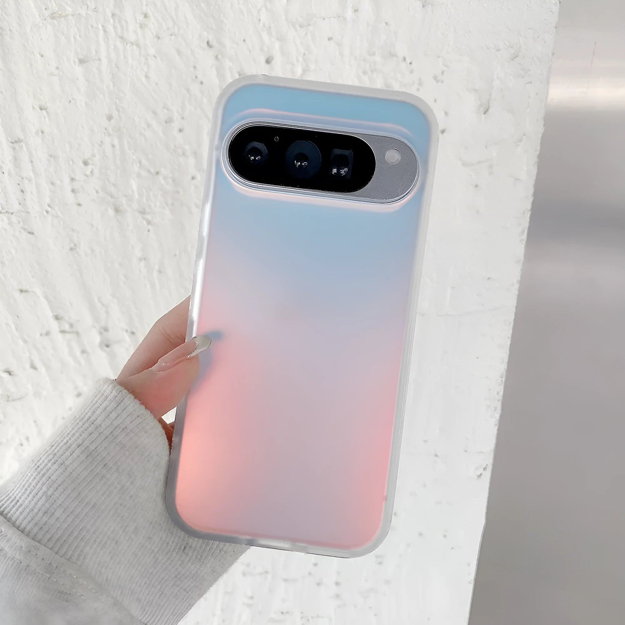 Colourful frosted laser effect matte phone case for Google smartphones on a table.