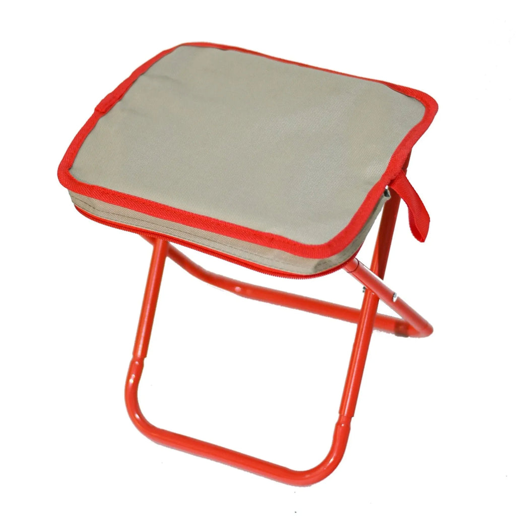 Lightweight foldable outdoor camp stool in khaki colour, shown in folded and unfolded positions.