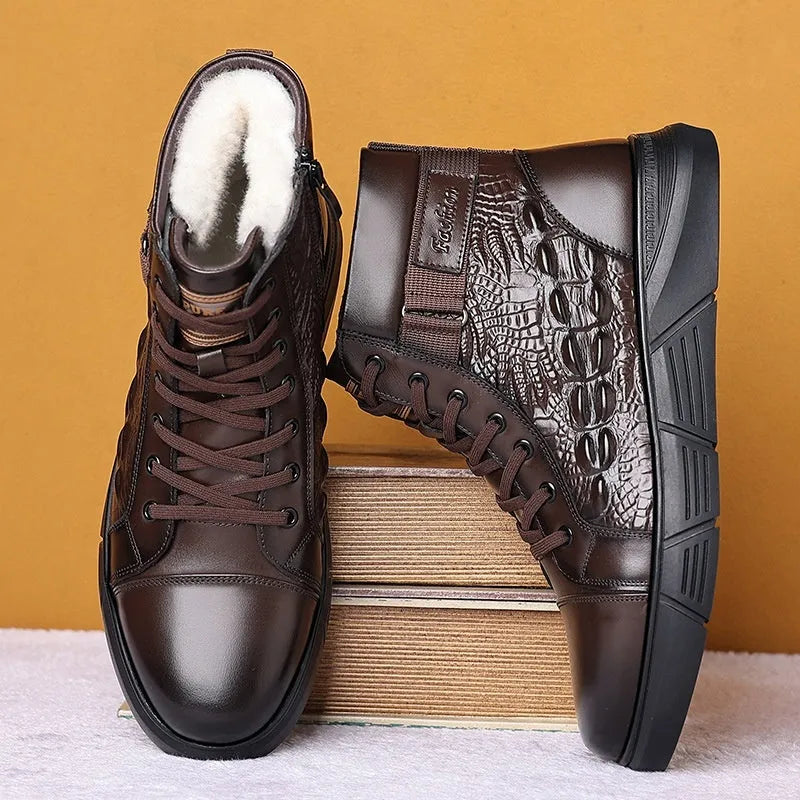 Men's black genuine leather snow boots with fur lining and lace-up front