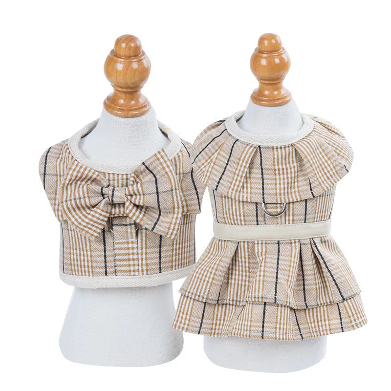 Polyester pet vest with chest strap design and integrated hand-holding rope in beige or purple colour options