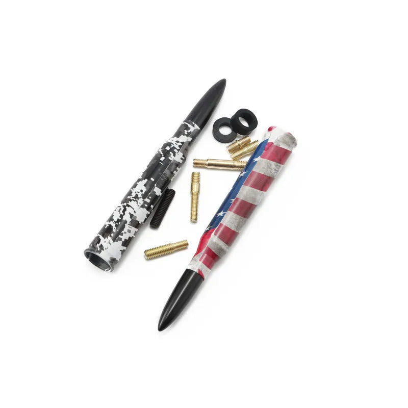 14cm bullet car antenna shown in camouflage green, black, and American flag colour options.