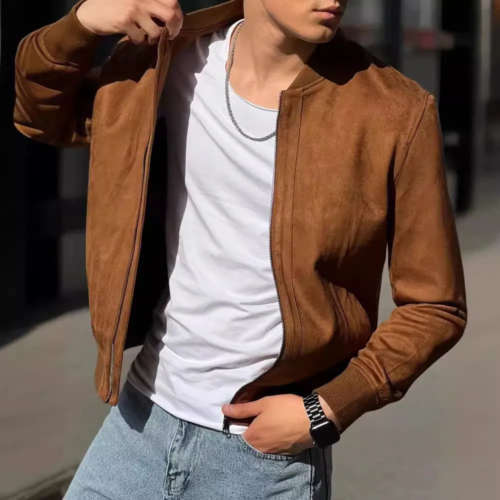 European and American Leisure Suede Solid Color Coat in brown, regular length polyester fibre jacket