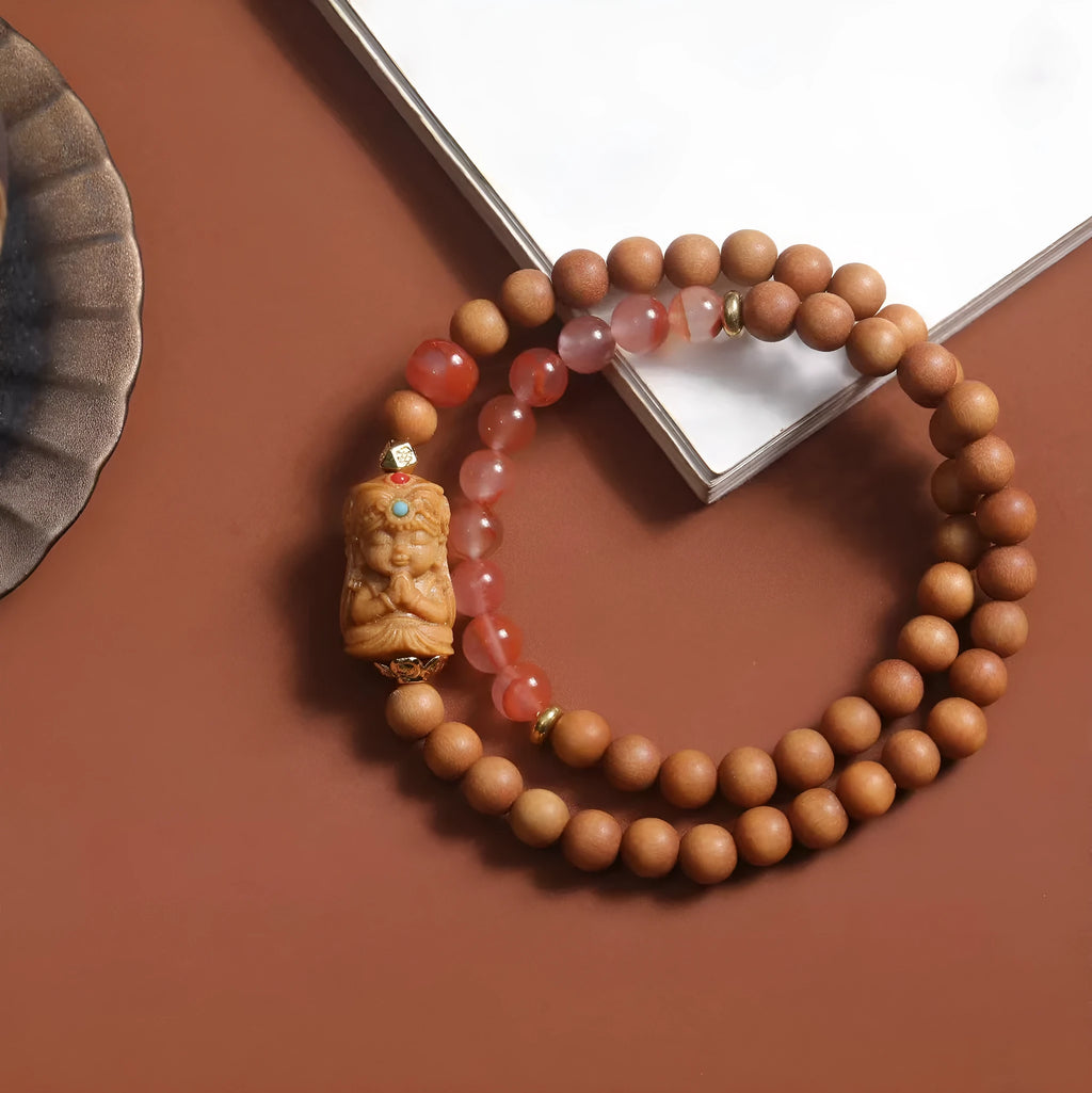 Traditional brown wooden Zachilam bracelet with woven 6mm beads and double circle design