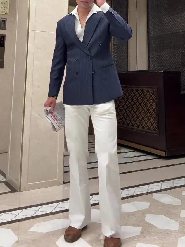 Men's striped double breasted blazer jacket with regular fit and polyester fabric