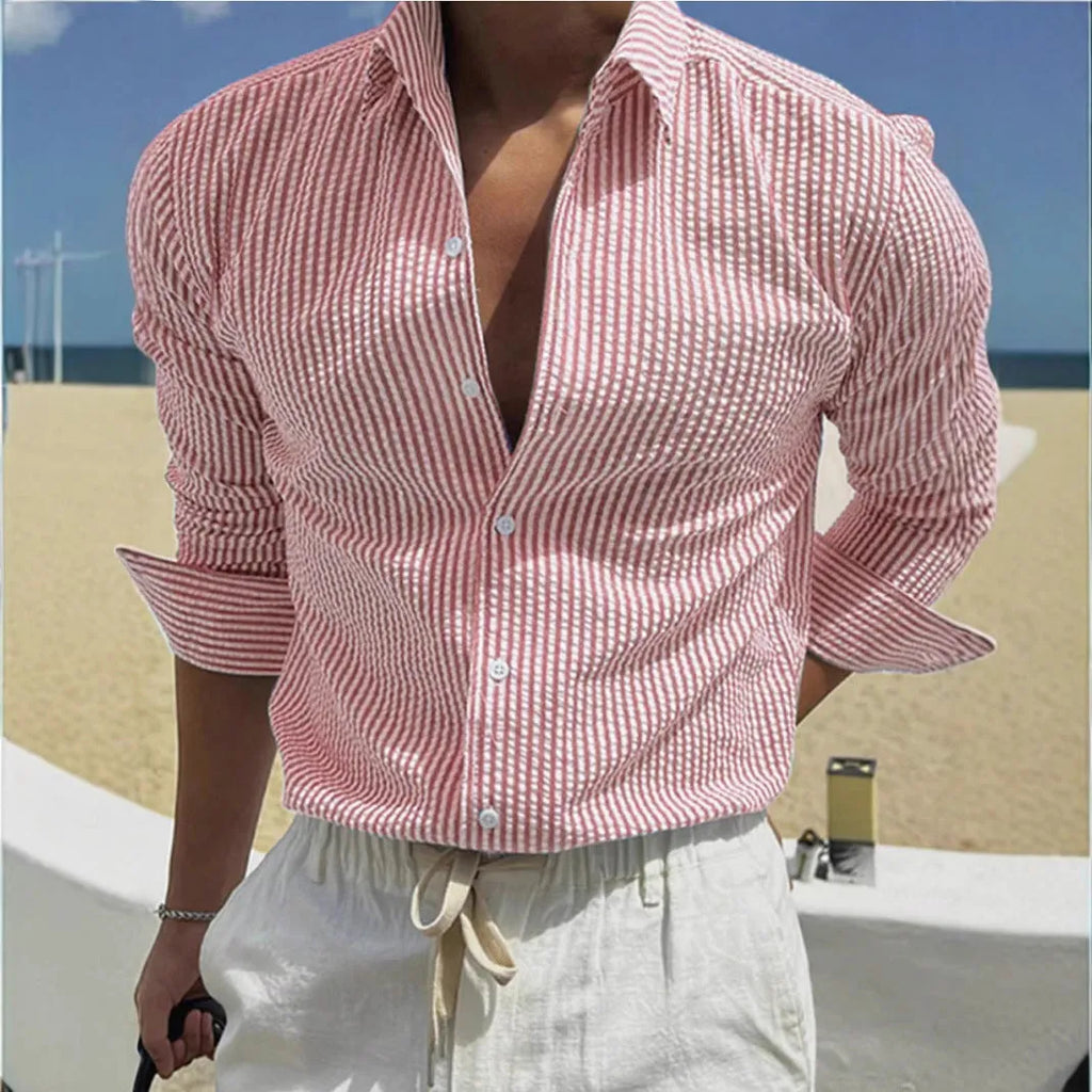 Man's blue and white striped long sleeve shirt with a cardigan-style lapel