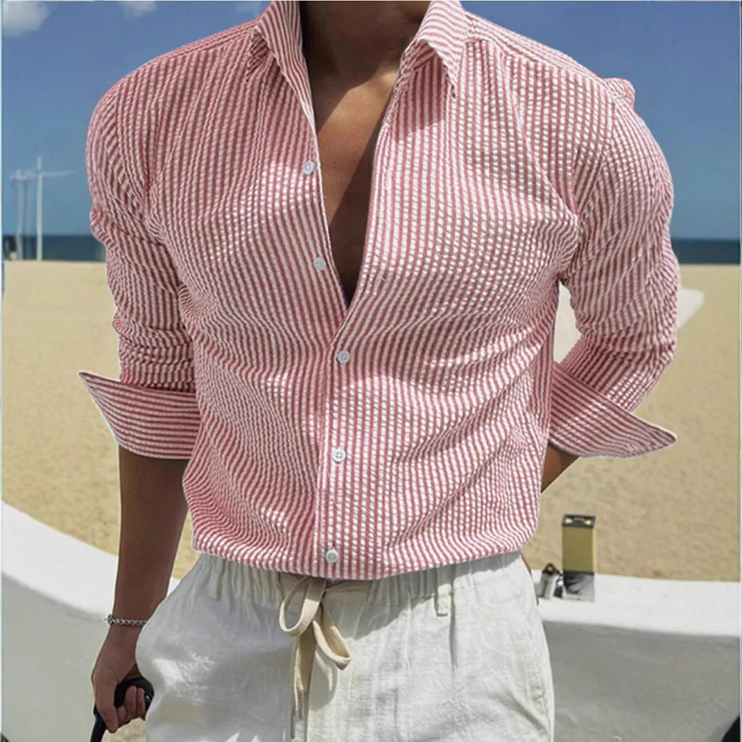 Man's blue and white striped long sleeve shirt with a cardigan-style lapel
