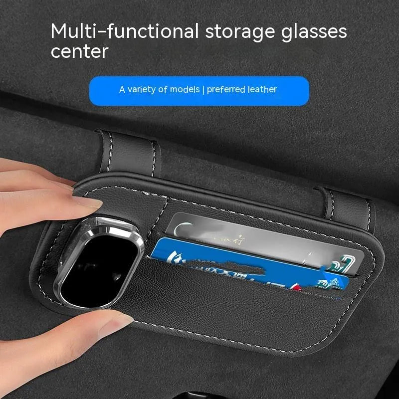 Car sun visor card holder with glasses clip in leather with snap-on installation
