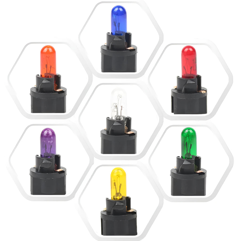 T5 wedge-base car dashboard indicator light bulb in red, blue, green, amber, yellow, and purple colours.