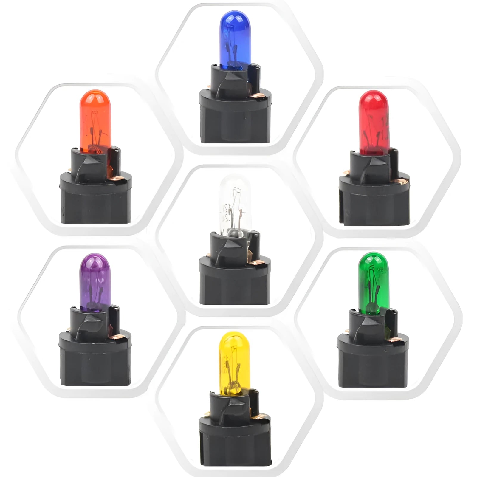 T5 wedge-base car dashboard indicator light bulb in red, blue, green, amber, yellow, and purple colours.