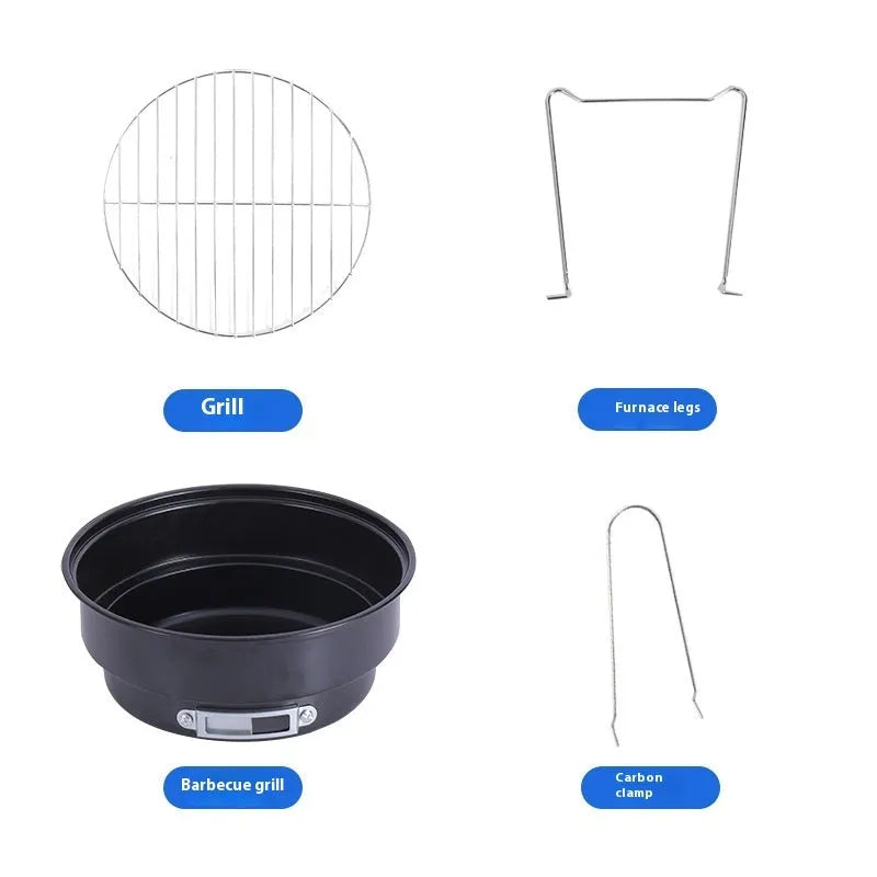 Small metal round folding ice stove with grill mesh and legs set up for barbecue.