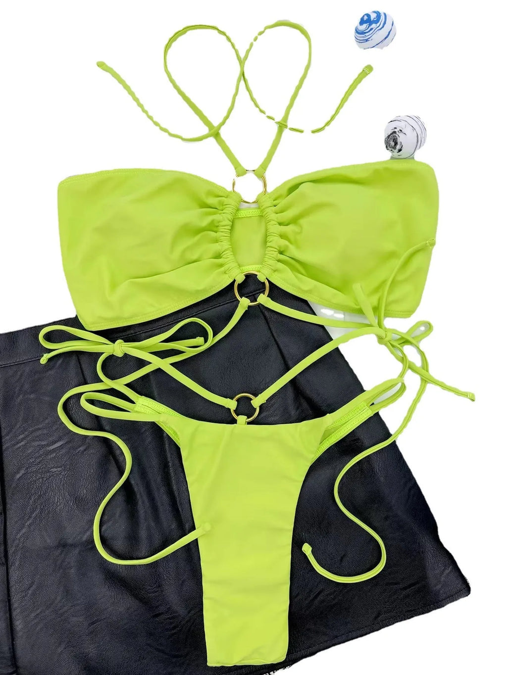 Yellow green women's lace-up triangle bikini swimsuit with matching t-pants