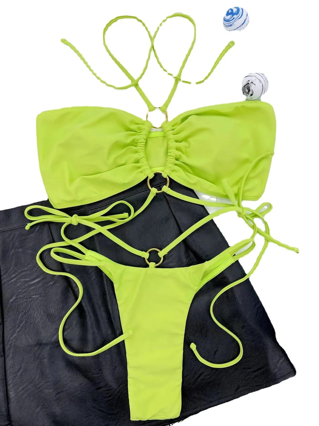 Yellow green women's lace-up triangle bikini swimsuit with matching t-pants