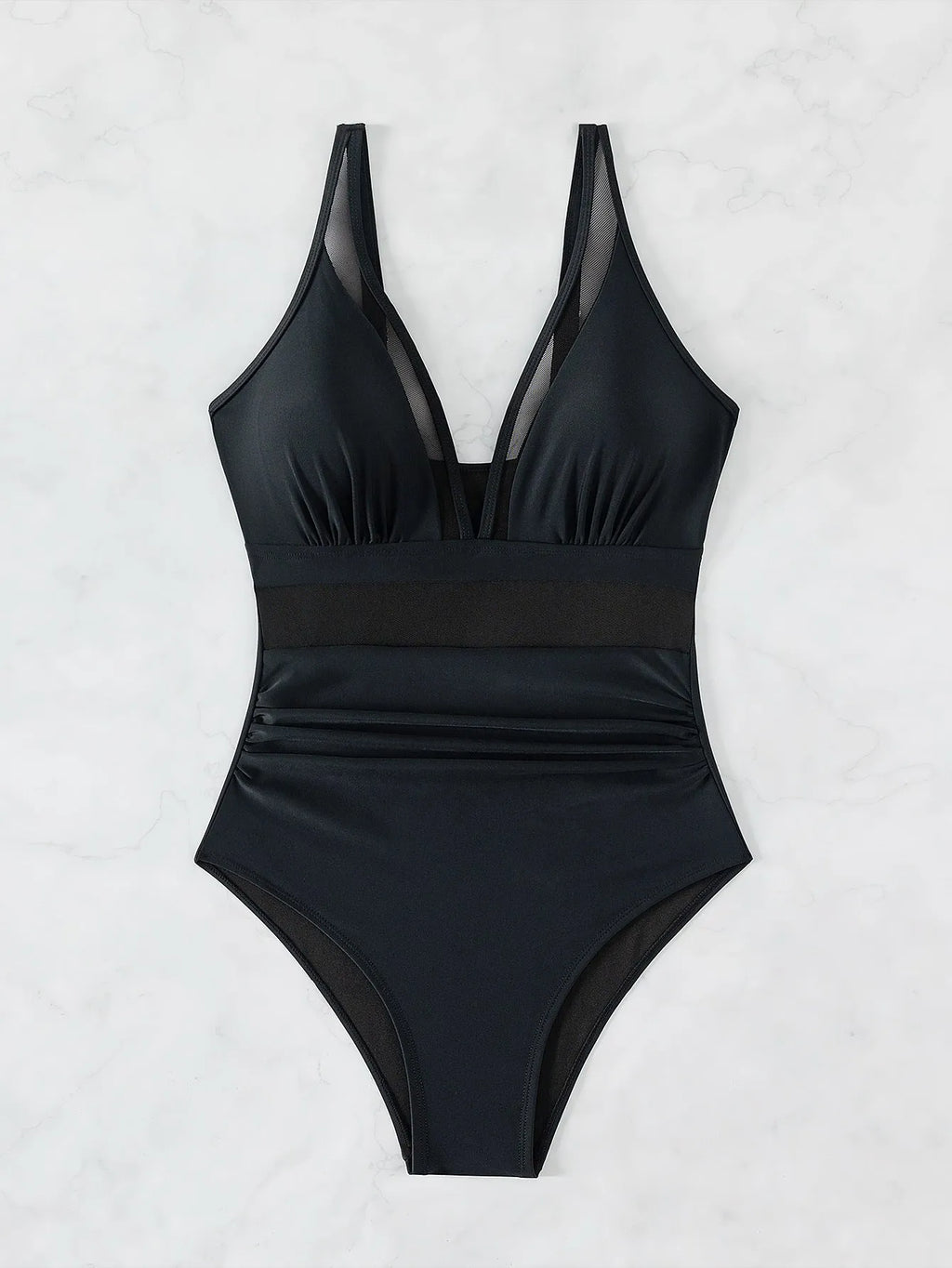 Black sleeveless one-piece swimsuit with halter neck for women.