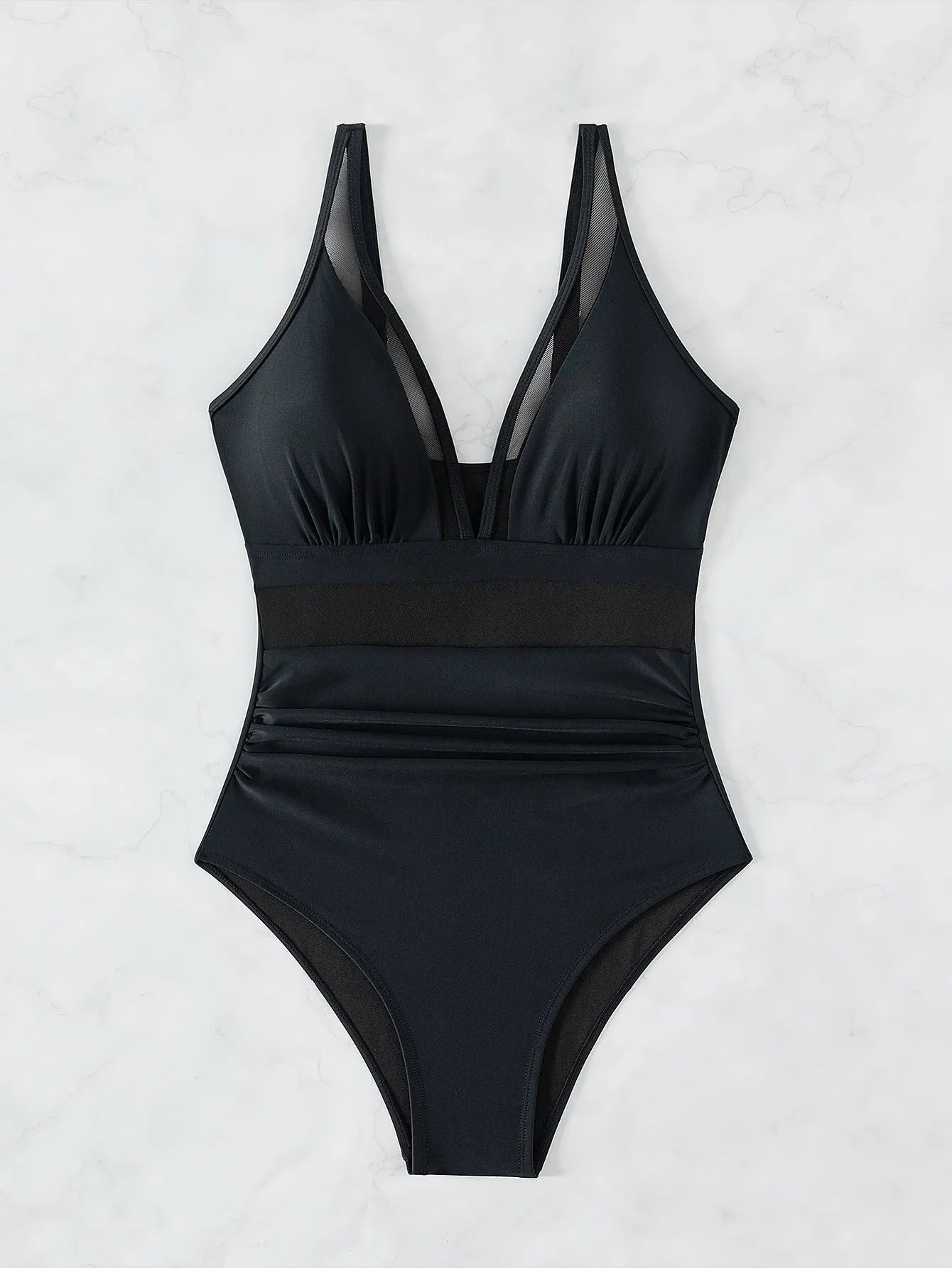 Black sleeveless one-piece swimsuit with halter neck for women.