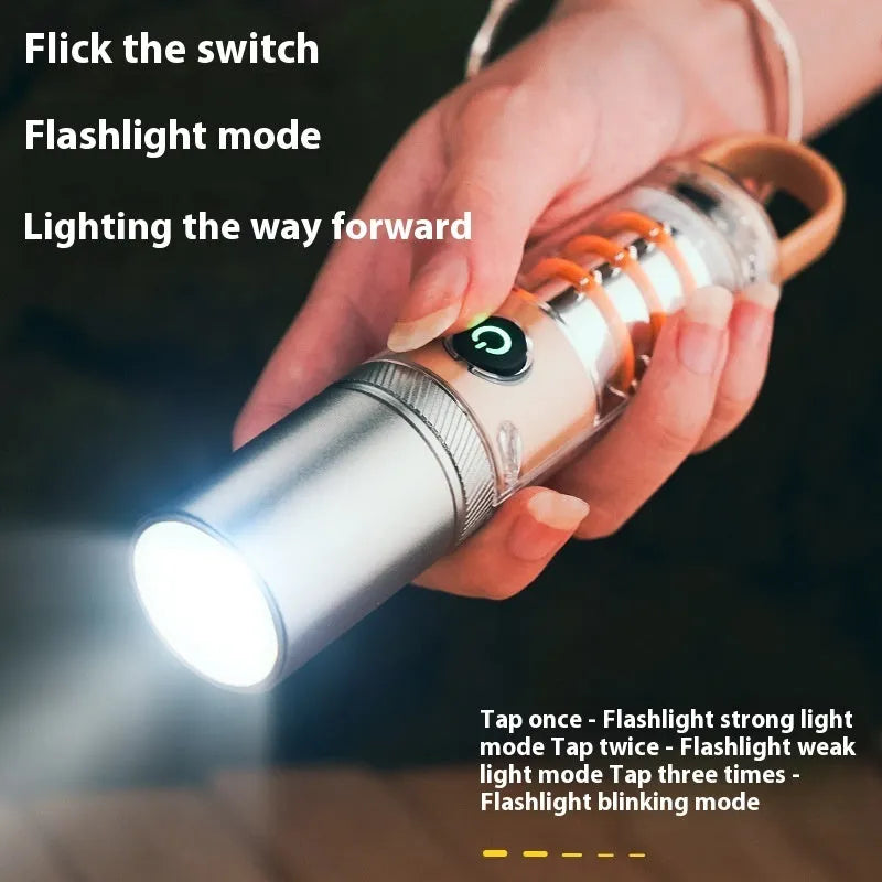 Orange and beige dual light source multifunctional flashlight with keychain attachment