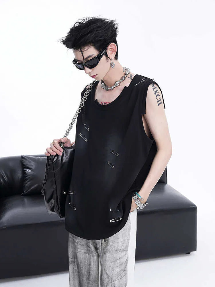 Men's black sleeveless T-shirt with waistcoat styling and irregular cut design