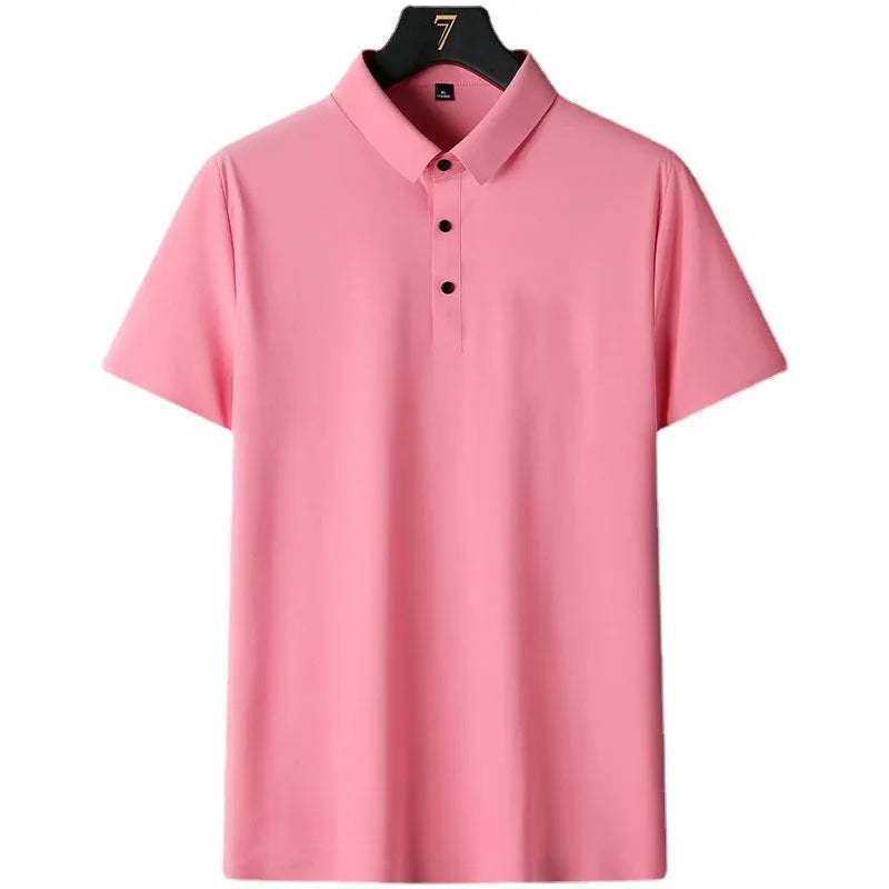 Men's solid colour non-ironing short sleeve business casual shirt on a hanger.