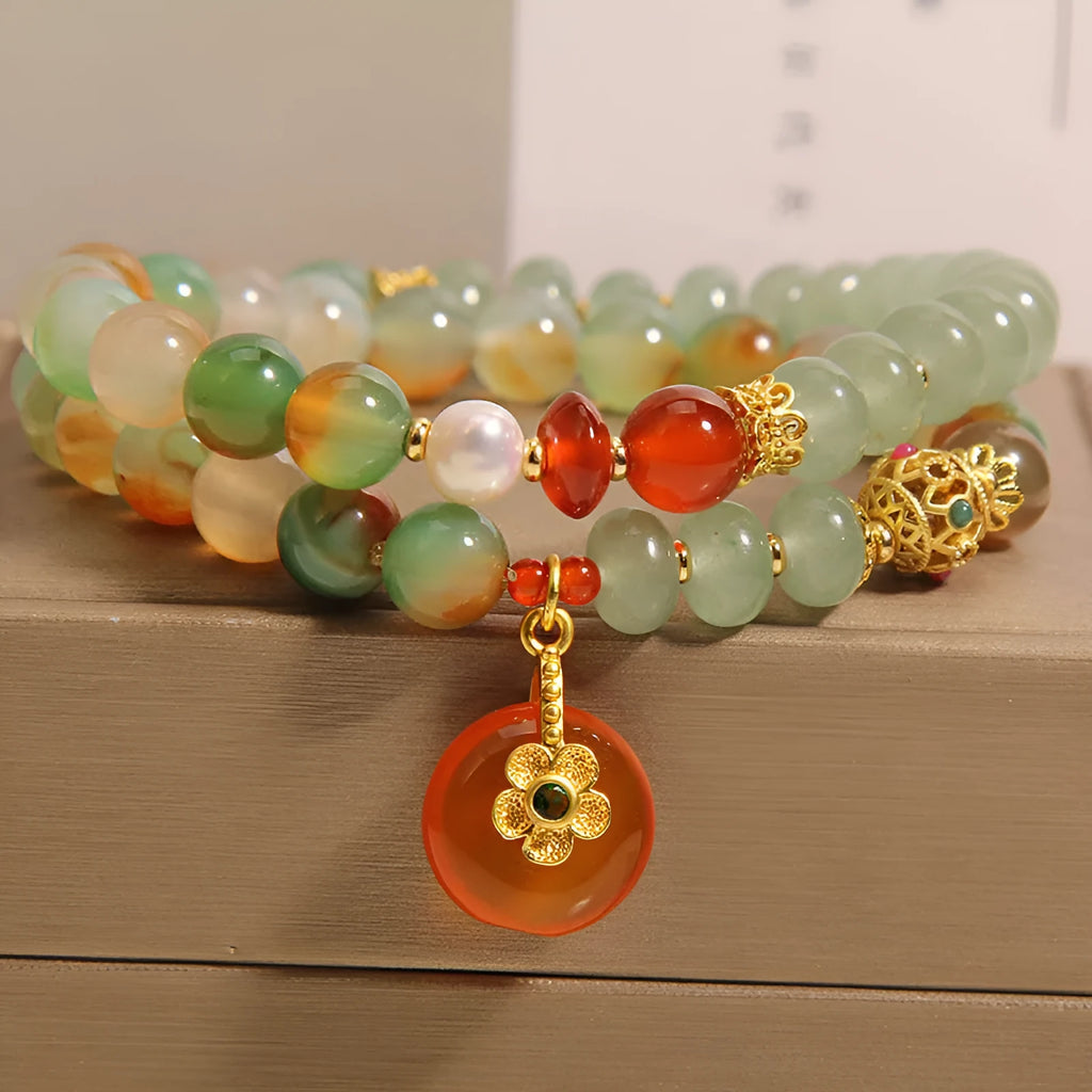 Peacock green agate double ring bracelet for women with alloy safety buckle pendant and rhinestones