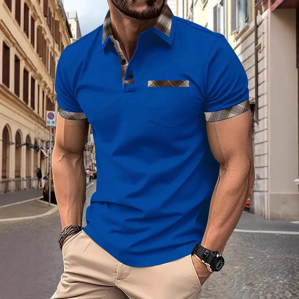 Man modelling a loose-fit plaid colourblock t-shirt with short sleeves and zipper details.