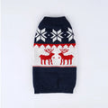 Navy blue knitted Christmas sweater for dogs on a pet mannequin showing front design