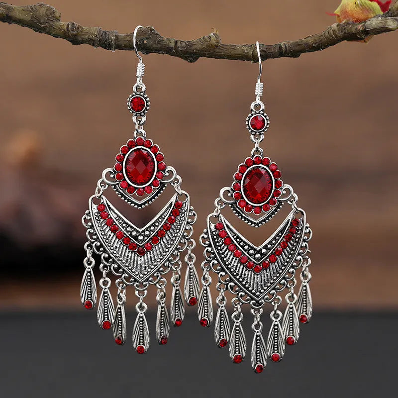 Purple retro crystal long fringe drop earrings with alloy ethnic style design