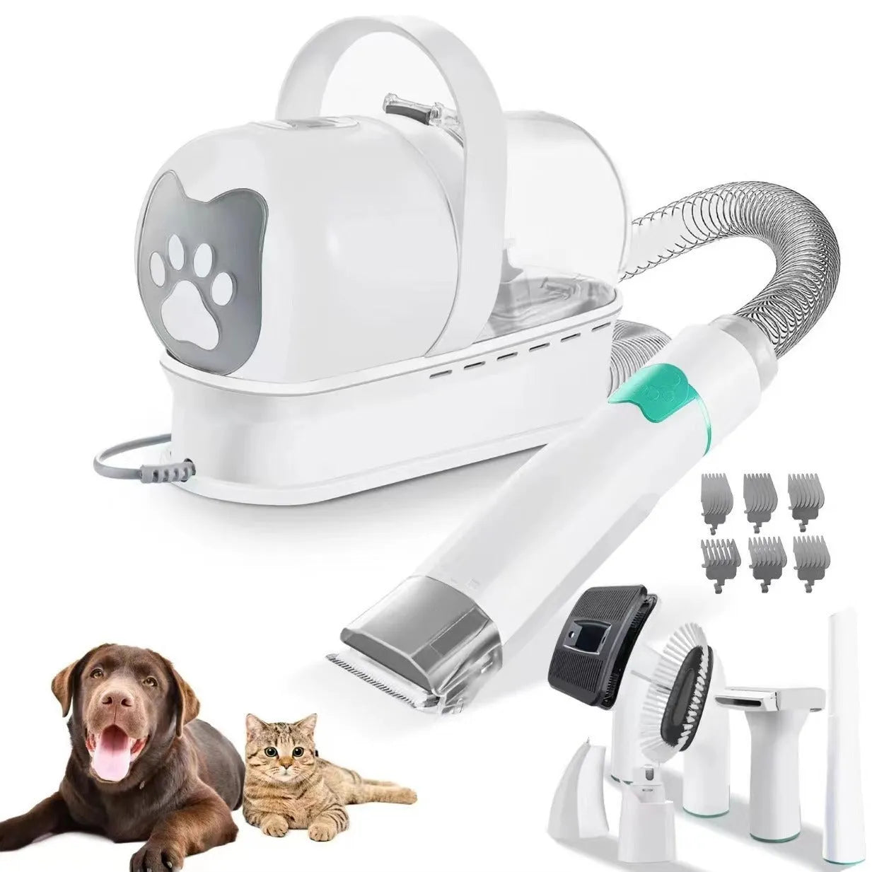 White cordless vacuum pet grooming device with multiple attachment heads for dog coat trimming