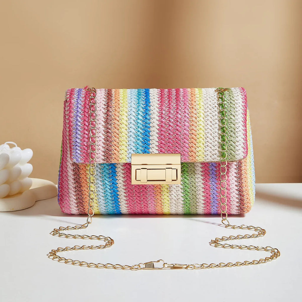 Women's straw cross-body bag with square shape and shoulder strap in rainbow colour