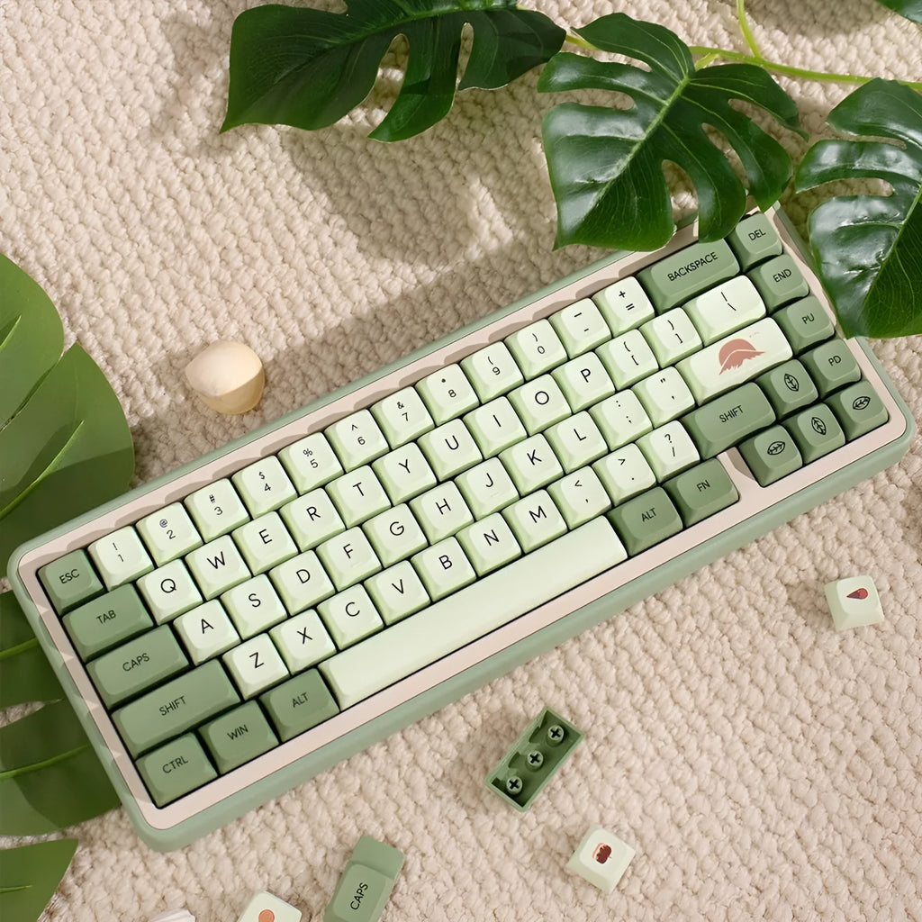 124-key matcha green PBT keycap set for mechanical keyboards, showing multiple language legend options.