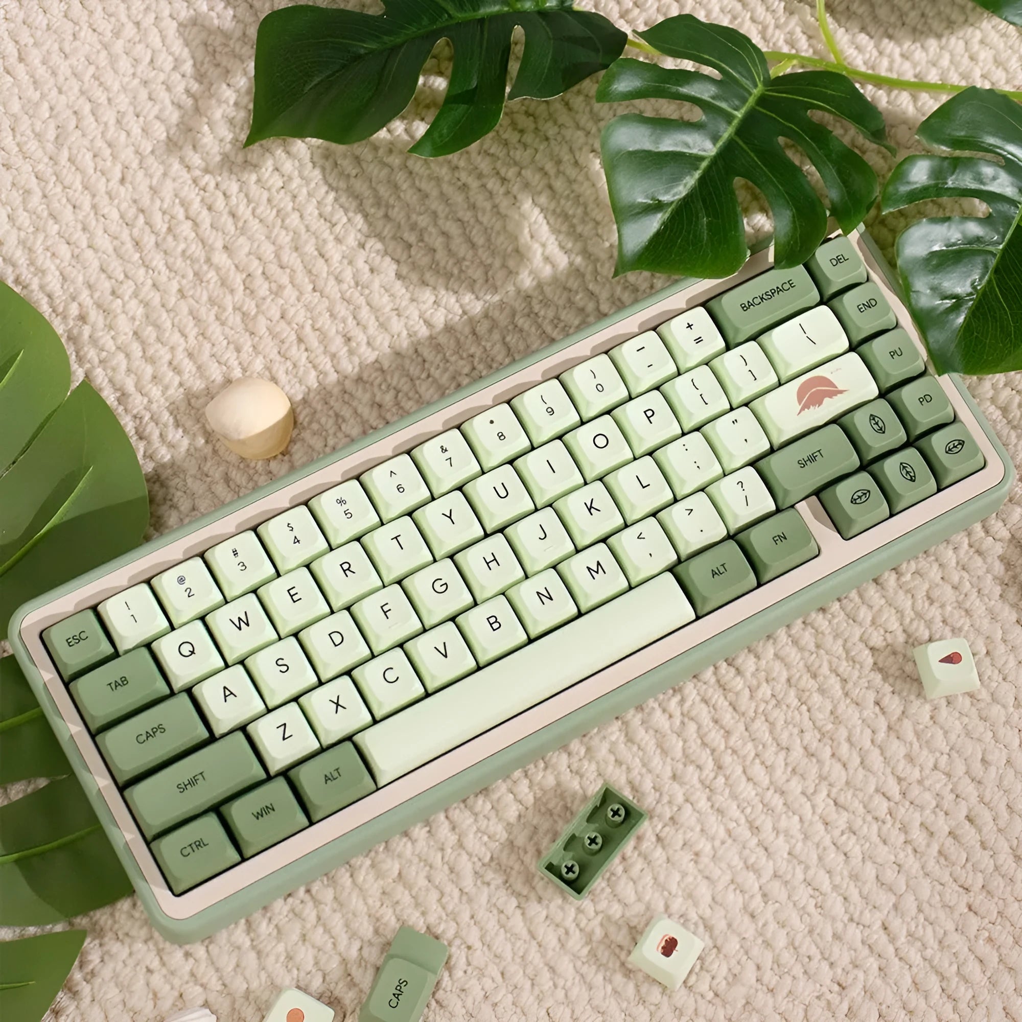 124-key matcha green PBT keycap set for mechanical keyboards, showing multiple language legend options.