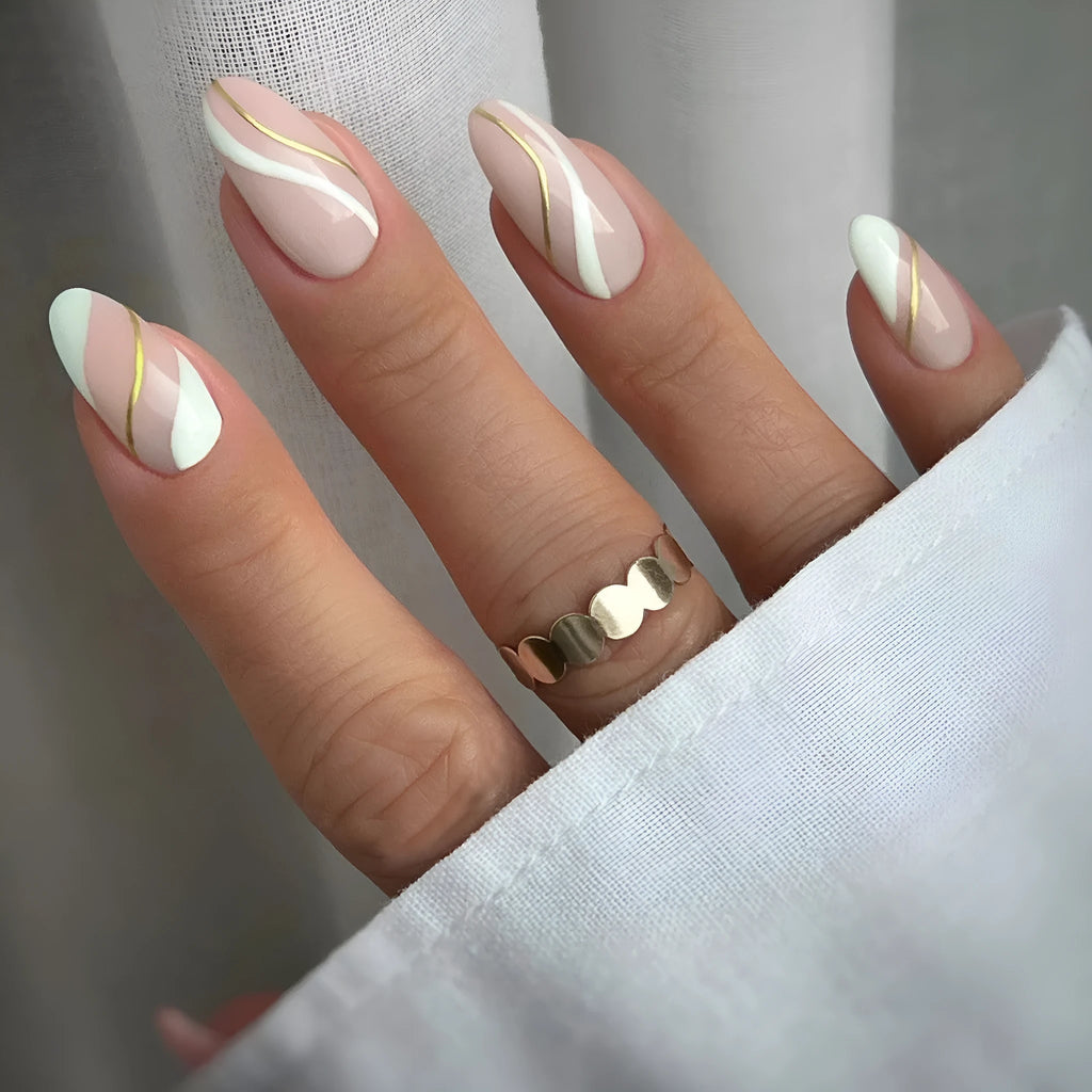 Golden Lines wearable nail stickers showing plaid pattern in JF0518 jelly glue colour on medium drop shaped plastic armour