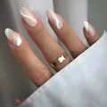 Golden Lines wearable nail stickers showing plaid pattern in JF0518 jelly glue colour on medium drop shaped plastic armour