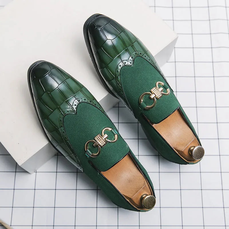 Men's black Korean-style pointed toe leather shoes with decorative sewing lines on artificial PU upper