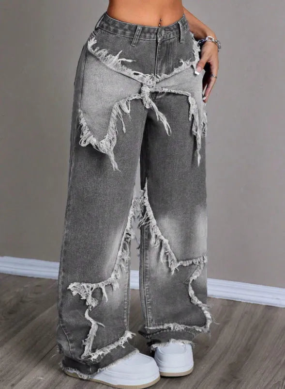 Retro star patchwork heavy wash high-waist wide-leg women's jeans in gray