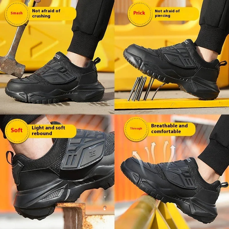 Black safety work shoes with steel toe cap and felt buckle closure on a white background