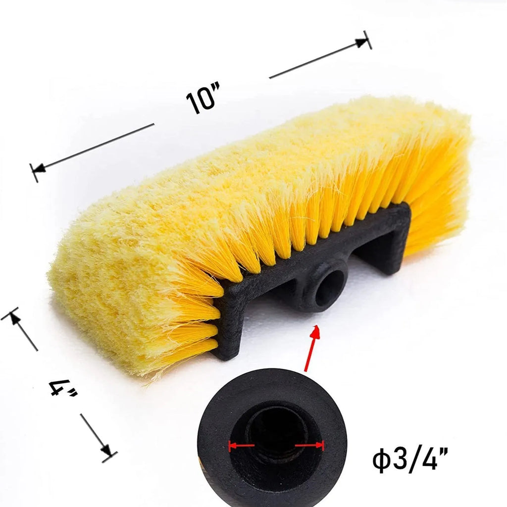 Yellow portable car wash brush with four-section removable rod and flow-through brush head design