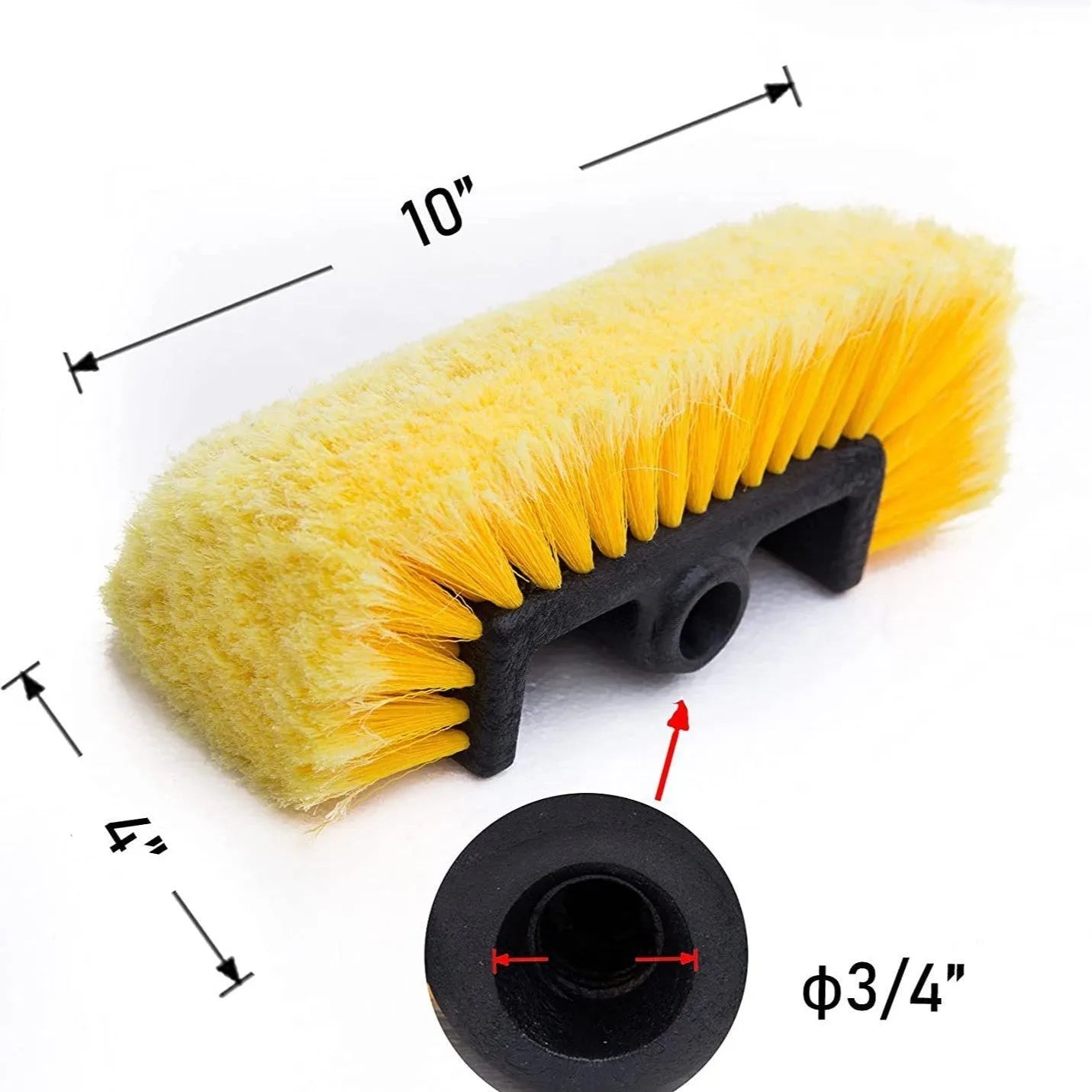 Yellow portable car wash brush with four-section removable rod and flow-through brush head design