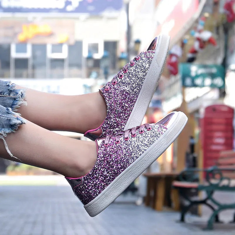 Women's black pink gold sequin casual shoes with round toe and lace-up closure