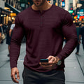 Men's loose fit polyester long sleeve pullover in solid colour with jacquard small check pattern, front view