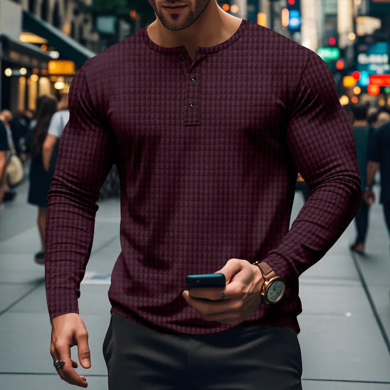 Men's loose fit polyester long sleeve pullover in solid colour with jacquard small check pattern, front view