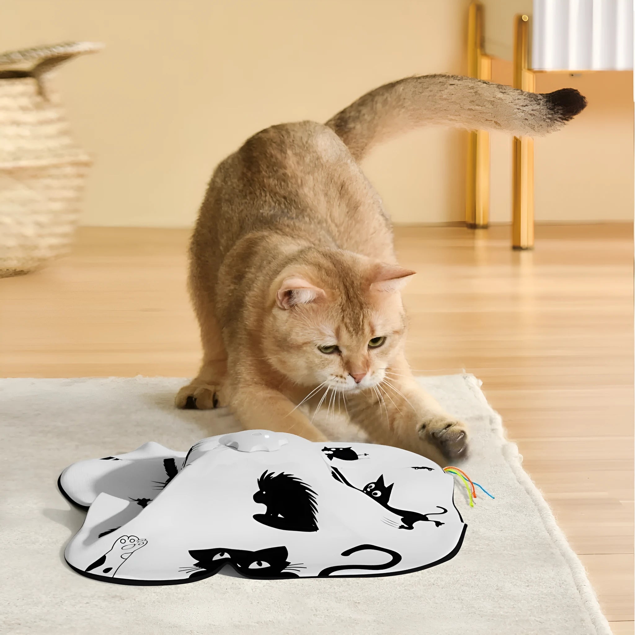 Coloured plastic self-grooming cat teaser toy with a rotating ball for interactive play.