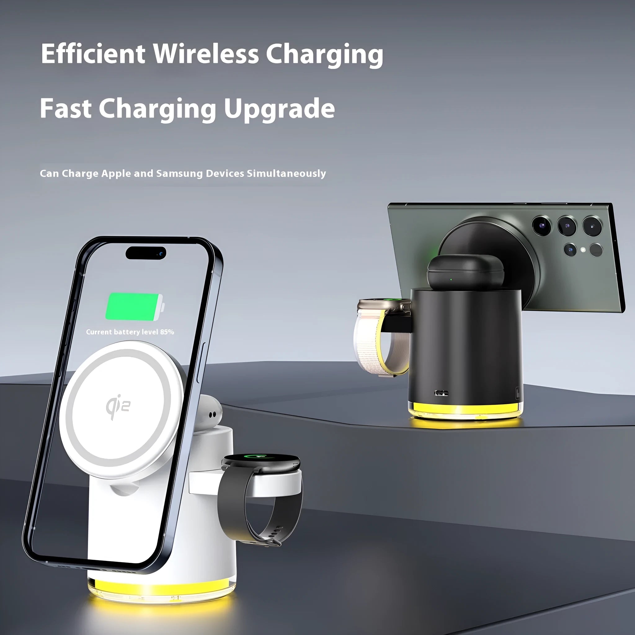 Black magnetic folding three-in-one wireless charger for mobile phone, smartwatch and earbuds showing folded and unfolded positions