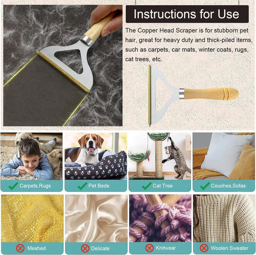 Three-piece pet hair remover set showing metal tool, silicone brush, and round ABS cleaner on a fabric surface.